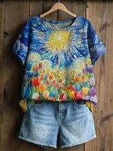 Chemise à manches courtes décontractée à imprimé tulipe ciel étoilé peinture à l'huile pour femmes