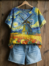 Chemise décontractée à manches courtes pour femme, style rétro, avec impression peinture à l’huile du ciel étoilé, moulin à vent et tulipes