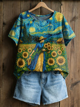 Chemise à manches courtes décontractée à imprimé tournesol ciel étoilé peinture à l'huile rétro pour femmes