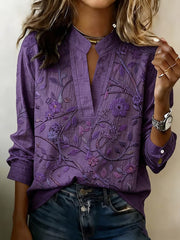 Chemise à col en V en mélange de lin à motif floral pour femmes