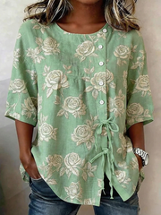 Chemise Femme Boutonnée Et Lacée Plantes Et Fleurs En Lin Mélangé