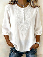 T-shirt floral en coton et lin pour femme