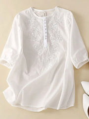 T-shirt floral en coton et lin pour femme