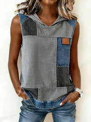 Haut à capuche en jean simple et patchwork pour femmes