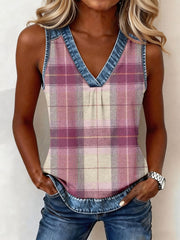 Top vintage en denim à imprimé écossais et patchwork, col en V, pour femme