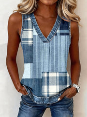 Femmes Denim Patchwork V-Neck Top