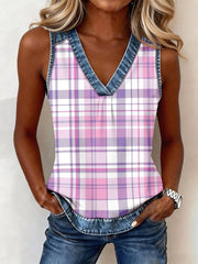 Femmes Violet Plaid Imprimer Denim Patchwork V-Neck Top