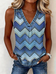 Top en jean à patchwork avec imprimé vague d'art abstrait pour femme