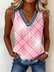 Haut en denim à patchwork à motif écossais rose pour femmes