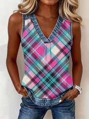 Top vintage en denim à imprimé écossais et patchwork, col en V, pour femme