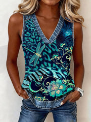 Haut en patchwork de denim à imprimé léopard et floral pour femme