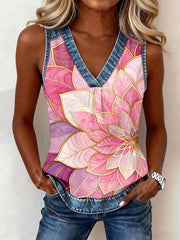 Top en denim à patchwork à motif floral d'art abstrait pour femme