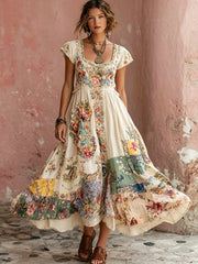 Robe mi-longue bohème pour femme, à col rond, manches courtes, avec broderie florale artistique