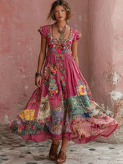 Robe mi-longue bohème pour femme, à col rond, manches courtes, avec broderie florale artistique