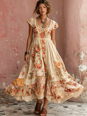 Robe mi-longue bohème pour femme, à col rond, manches courtes, avec broderie florale artistique