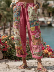 Pantalon décontracté pour femme, style bohème, en mélange de lin, avec broderie florale et contraste de couleurs