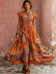 Robe mi-longue bohème pour femme, à col rond, manches courtes, avec broderie florale artistique