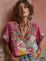 T-shirt bohème pour femmes en mélange de lin, à col en V, avec broderie florale et contraste de couleurs
