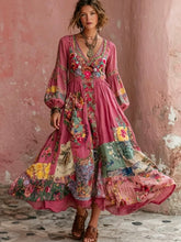 Robe mi-longue bohème pour femme, à col en V, manches courtes, avec broderie florale artistique