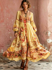Robe mi-longue bohème pour femme, à col en V, manches courtes, avec broderie florale artistique