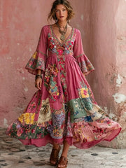 Robe mi-longue bohème pour femme, à col en V, manches courtes, avec broderie florale artistique