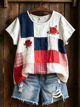 T-shirt femme manches courtes en lin imprimé rose