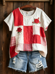 T-shirt femme manches courtes en lin imprimé rose