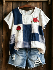 T-shirt femme manches courtes en lin imprimé rose