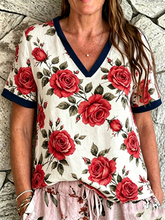 T-shirt pour femme en lin à manches courtes avec imprimé roses