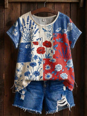 T-shirt imprimé à patchwork floral pour femmes