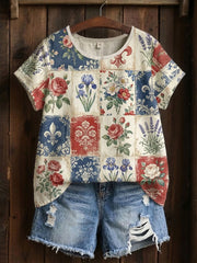 T-shirt imprimé à patchwork floral pour femmes