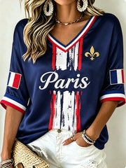 T-shirt à manches mi-longues et col en V pour femmes