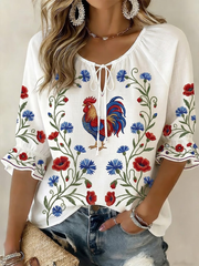 Chemise femme France Coq Gaulois en coton-lin à fleurs