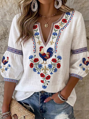 Chemise femme France Coq Gaulois en coton-lin à fleurs