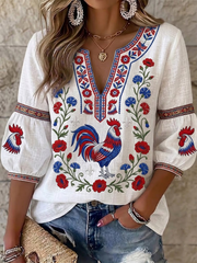 Chemise femme France Coq Gaulois en coton-lin à fleurs