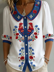 Chemise femme France Coq Gaulois en coton-lin à fleurs