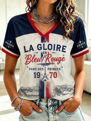 T-shirt femme La Gloire en bleu rouge, imprimé football, col en V