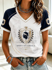 T-shirt à col en V imprimé du drapeau français de Corse pour femme