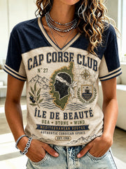 T-shirt à col en V imprimé du drapeau français de Corse pour femme