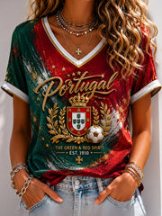 T-shirt à col en V imprimé pour le football portugais, modèle femme