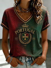 T-shirt à col en V imprimé pour le football portugais, modèle femme