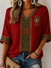 T-shirt femme à manches mi-longues et col en V, imprimé MAROC