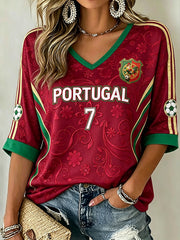 Camiseta Casual de Futebol Feminino com Design em Color-Blocking, Manga Média e Gola em V