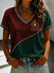 Camiseta feminina de futebol português com estampa e gola em V