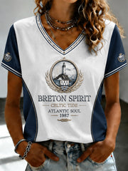 T-shirt à col en V imprimé celtique de Bretagne pour femmes