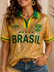 Femmes Brésil Football Fan Cadeau Imprimé Haut à manches courtes