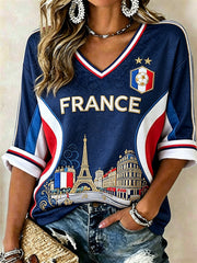 T-shirt à manches mi-longues et col en V pour femme, motif inspiré du drapeau de la scène parisienne, signé France Football