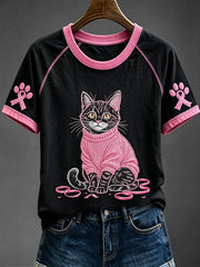 T-shirt femme mignon à col rond et manches courtes, motif chat, sensibilisation au cancer du sein