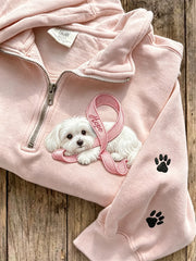 Sweat à fermeture éclair pour femme, ruban rose de l’espoir, motif chien maltais et empreintes de pattes