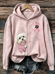Peeking chien maltais des femmes rose ruban sensibilisation au cancer du sein Full Zip Hoodie